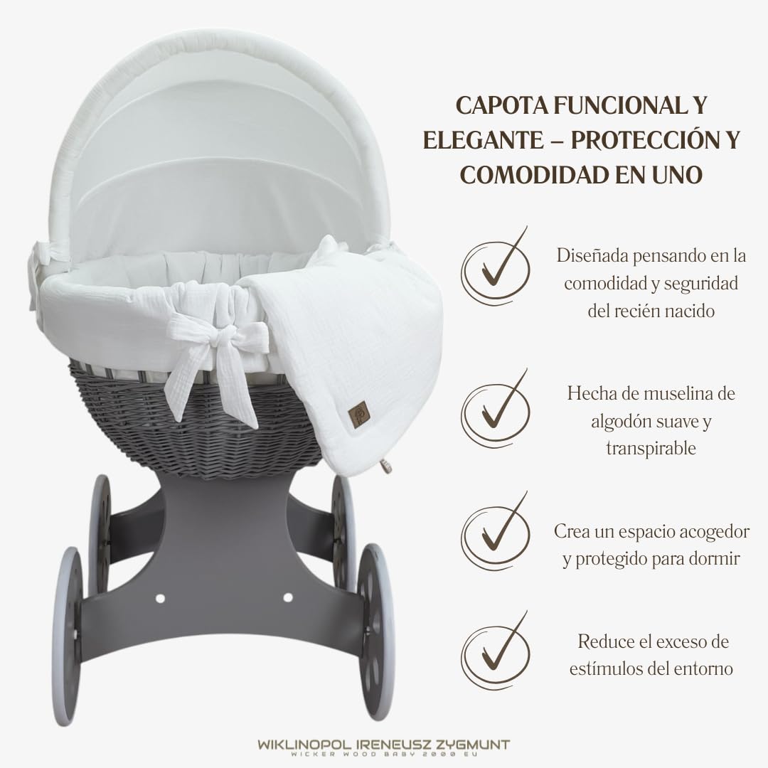 Wiklinopol Moisés de Mimbre para Bebé con Soporte de Madera y Ruedas Annabell – Cuna con Colchón y Ropa de Cama 5 Piezas Muselina Blanca – Cochecito Gris para Recién Nacido
