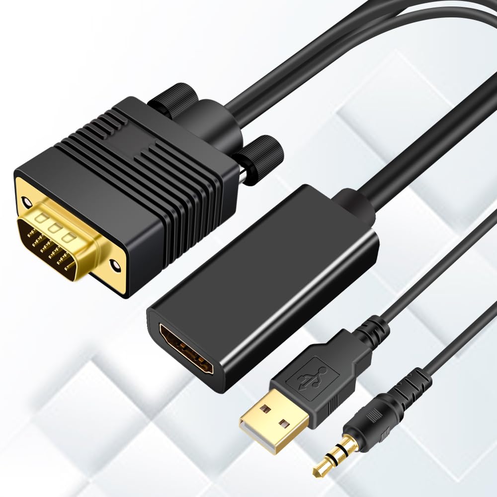 VGA (Sources) to HDMI(Display) Cable 50ft with Audio, VGA to HDMI Adapter Converter Cable Compatible Well Witch Computer/Projector/Laptop to Monitor/TV/Desktop.