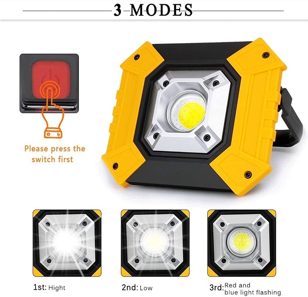 Lampa robocza Przenośna lampa robocza LED o mocy 10 W, wodoodporna, akumulatorowa lampa robocza IP65 z czerwonym/niebieskim światłem migającym, 3 tryby jasności, do użytku na placu budowy, w garażu (