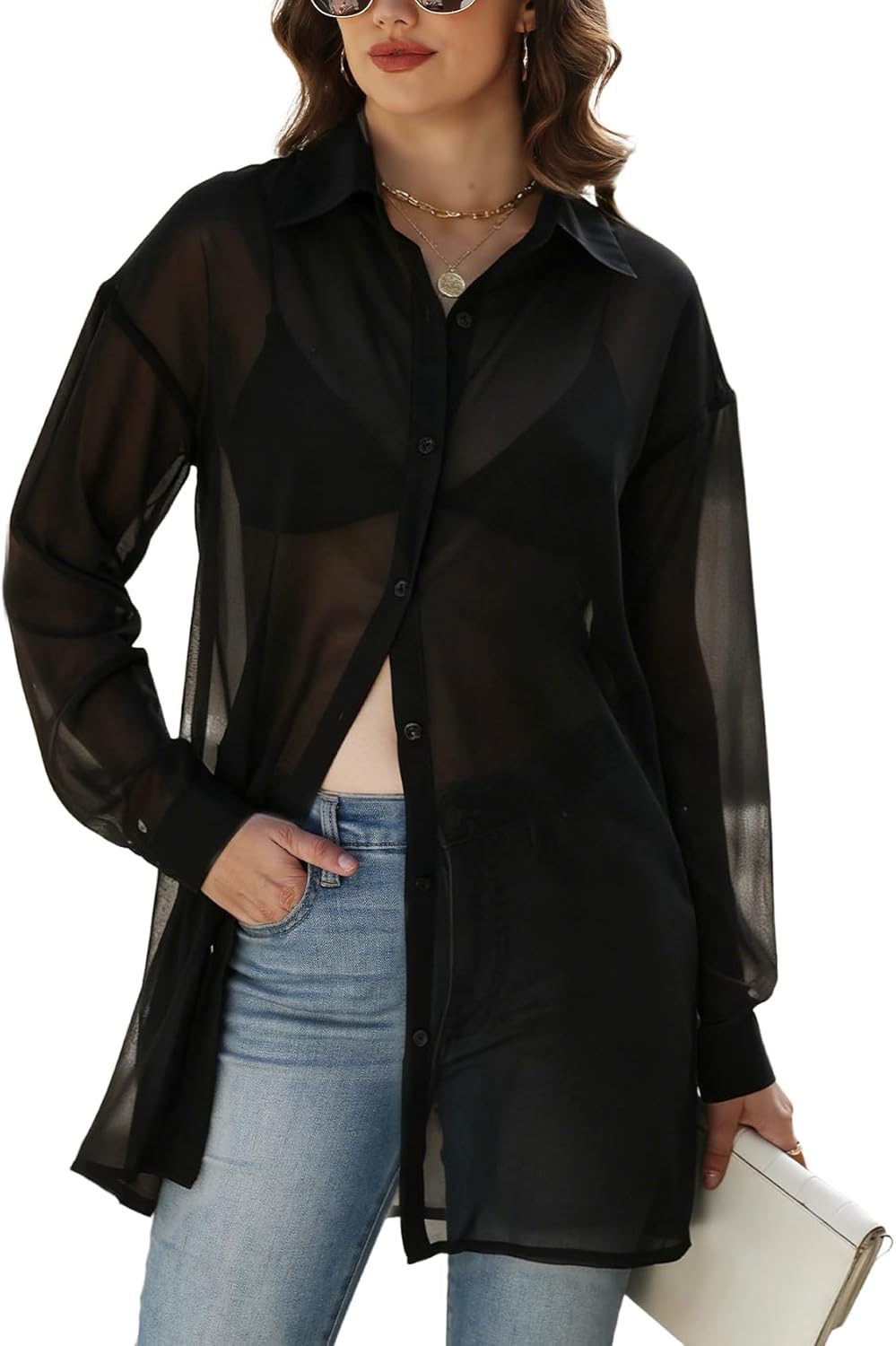 Gihuo Womens Sheer Blouse Mesh Button Down Shirts Long Sleeve Sexy See Through Tops