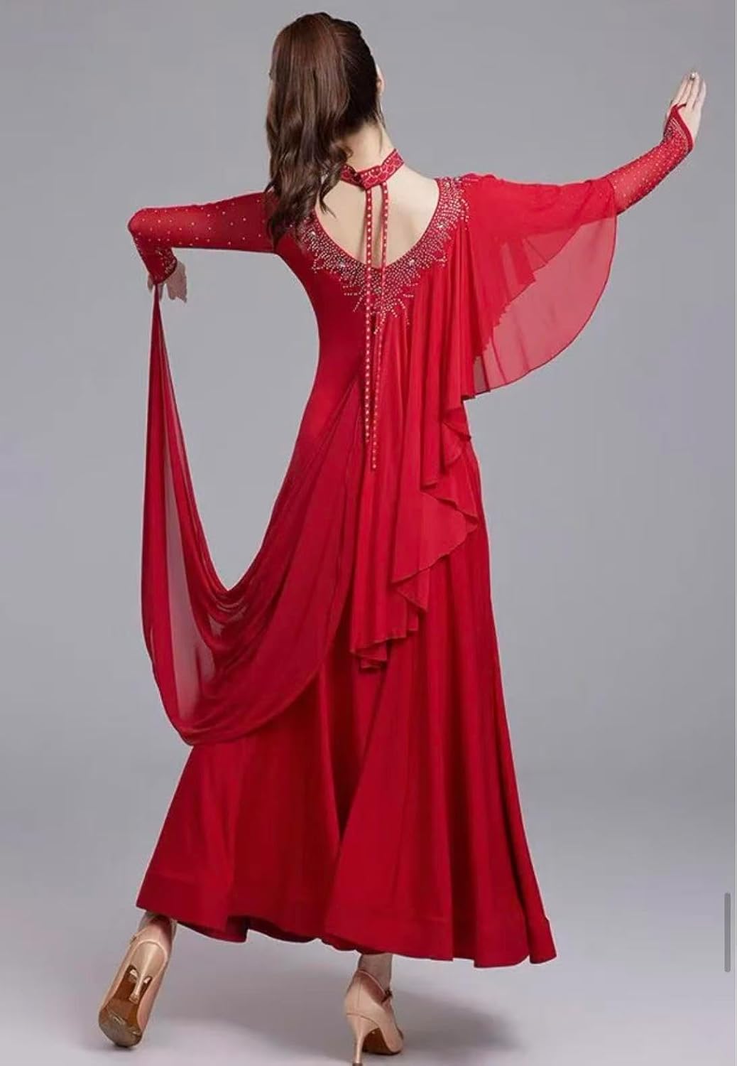 HEARTTOUCH Women Sparkly Rhinestone Ballroom Dance Dress Modern Waltz Tango Dresses Flowy Long Sleeve Latin Dance Gown
