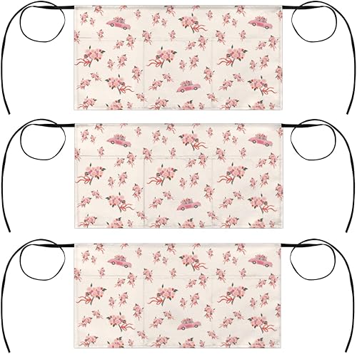Bouquet Car 3 Pack Server Aprons with 3 Pocket Waterproof Womens Half Waist Aprons for Cooking Dishwashing Kitchen Gardening Salon