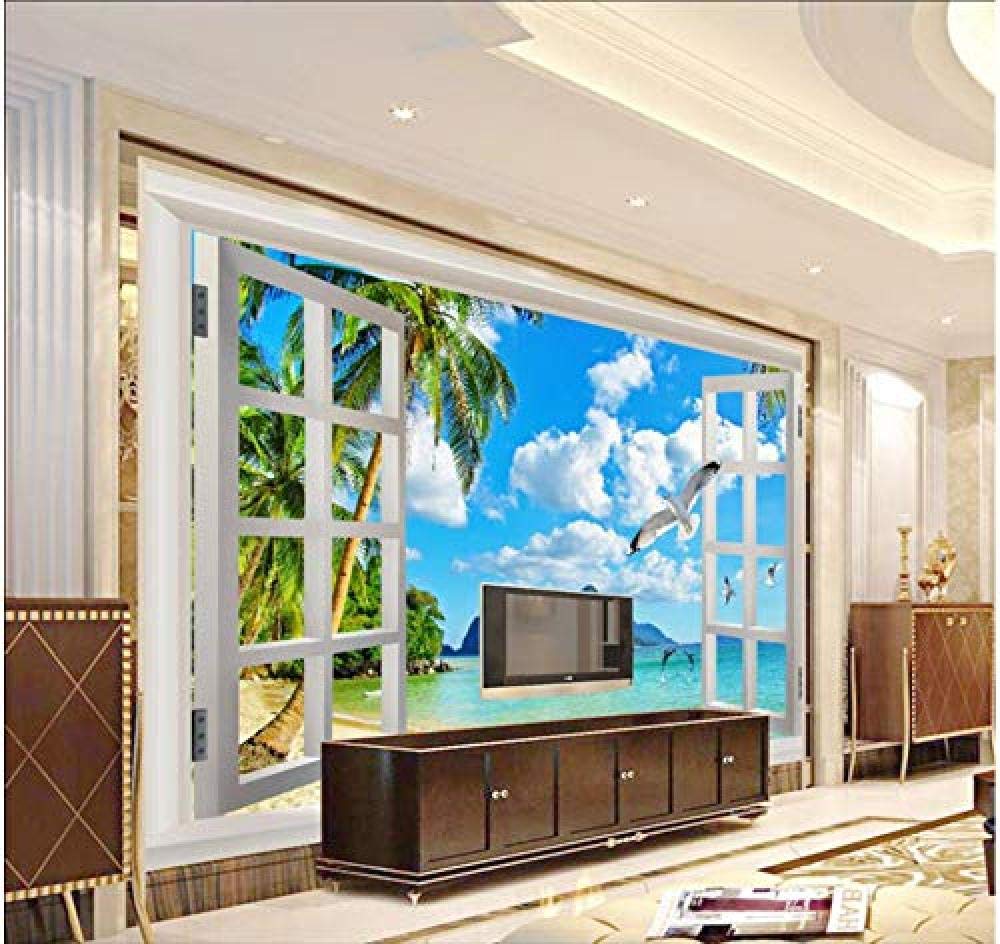 Carta da parati murale con finestra sul mare, albero di cocco per pareti Carta da parati fotomurali poster murale Soggiorno camera letto minimalista tv sfondo-250cm×170cm