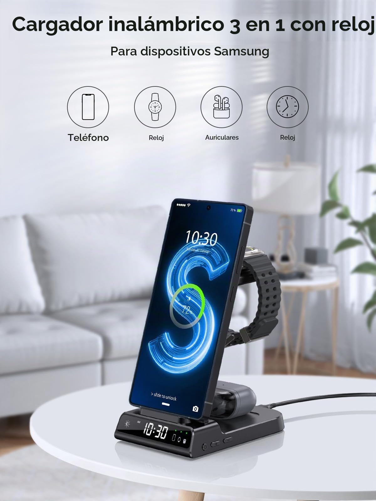 Cargador inalámbrico para Samsung Galaxy S25 Ultra, Wireless Charger con Reloj Digital para Samsung Galaxy Watch 8/7, Base Cargador para Galaxy S24 Ultra, Z Fold 7, Active 2, Buds (Negro)