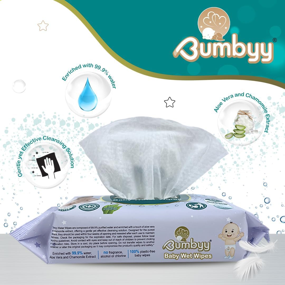 Lot de 12 lingettes humides biodégradables pour bébé, 99,9 % à base d'eau, non parfumées à l'aloe vera et à l'extrait de camomille, 100 % à base de plantes, sans alcool et sans chlore