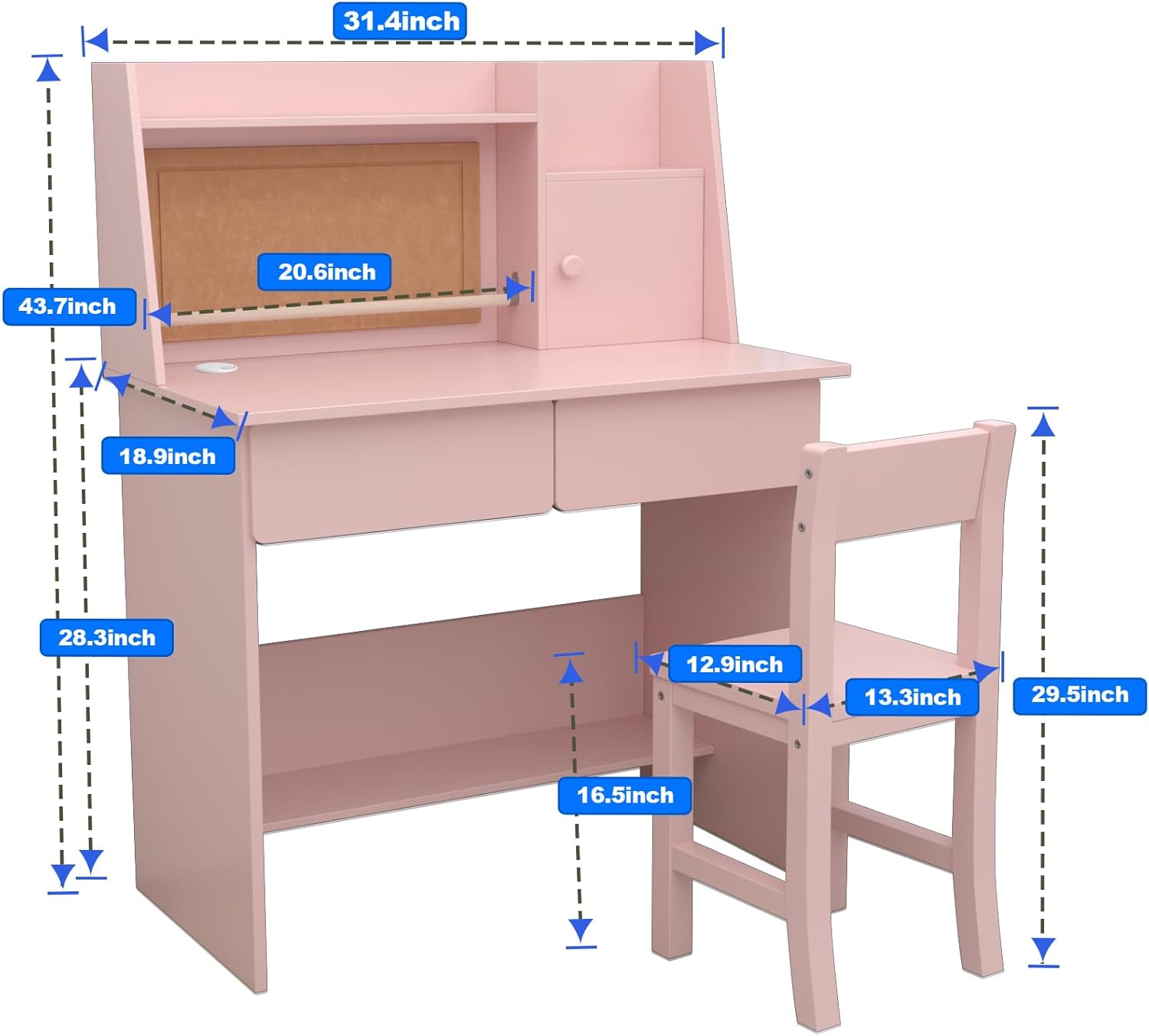 Pink Kids Desk and Chair Set for 5-12 Year Old, Childrens Drawing Desk with Wooden Tabletop Paper Roll Dispenser, Kids Study Table with Drawers and Storage Shelf-mE35