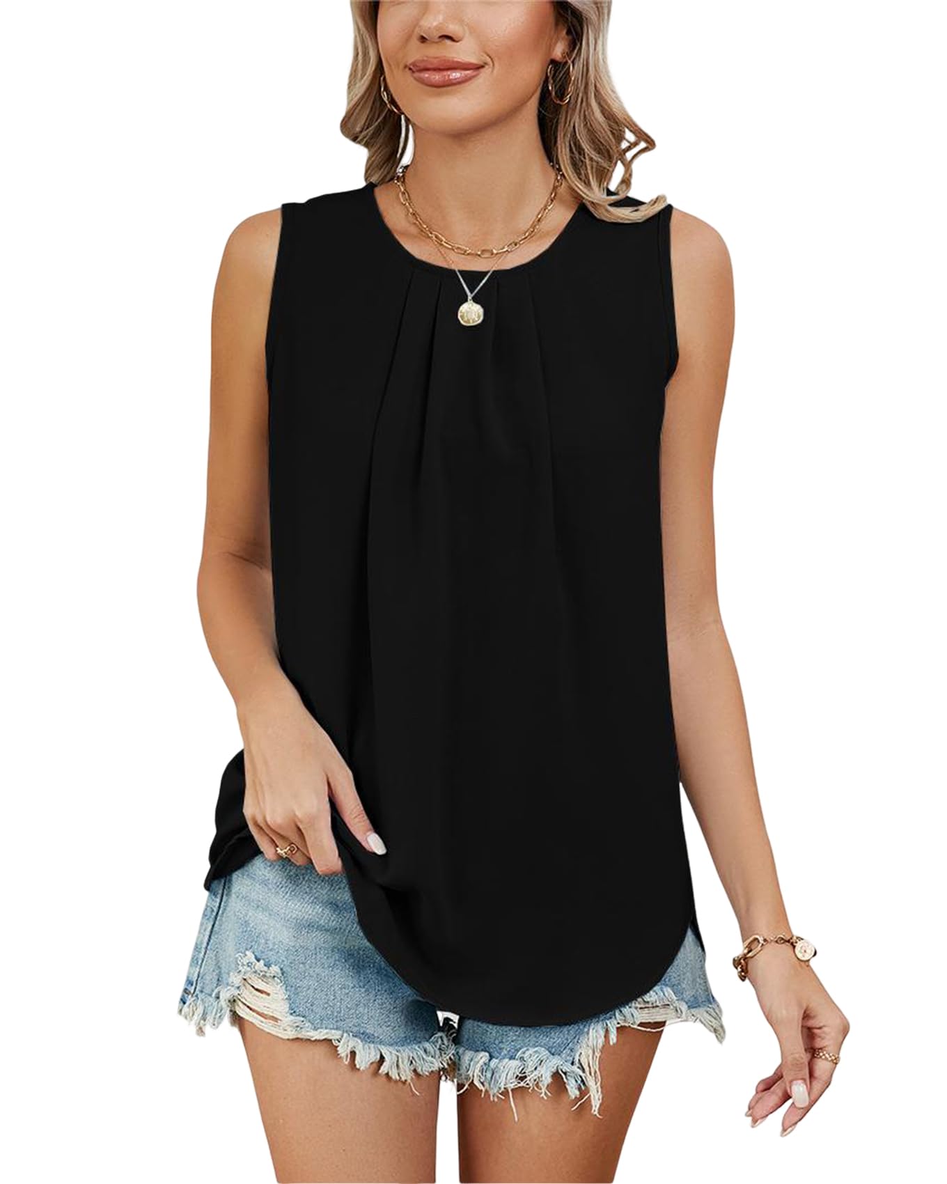Atxnn Camiseta Sin Mangas Mujer Chaleco de Verano de Gasa Tank Tops de Cuello Redondo Camisa Holgada Blusa para Fiesta de Trabajo