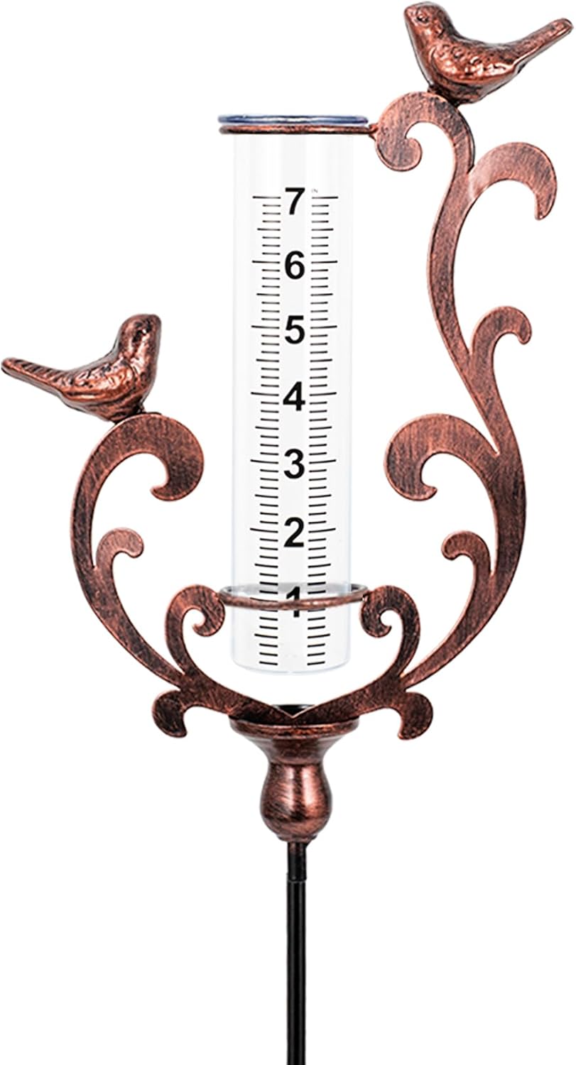 pearlstar Rain Gauge Outdoor Bird Copper Rain Gauge 7" Capacity Rain Gauges with Metal Stake Plastic Tube for Yard Garden Patio Pathway Decor