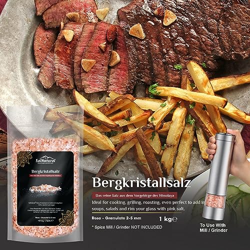 Foto von SalNatural© Rosa Granulat kristallsalz für Salzmühlen, grobes Natur-Steinsalz (bekannt als Himalaya Salz) aus Salt Range-Pakistan. 100% Naturbelassen. Wiederverschließbarer Beutel