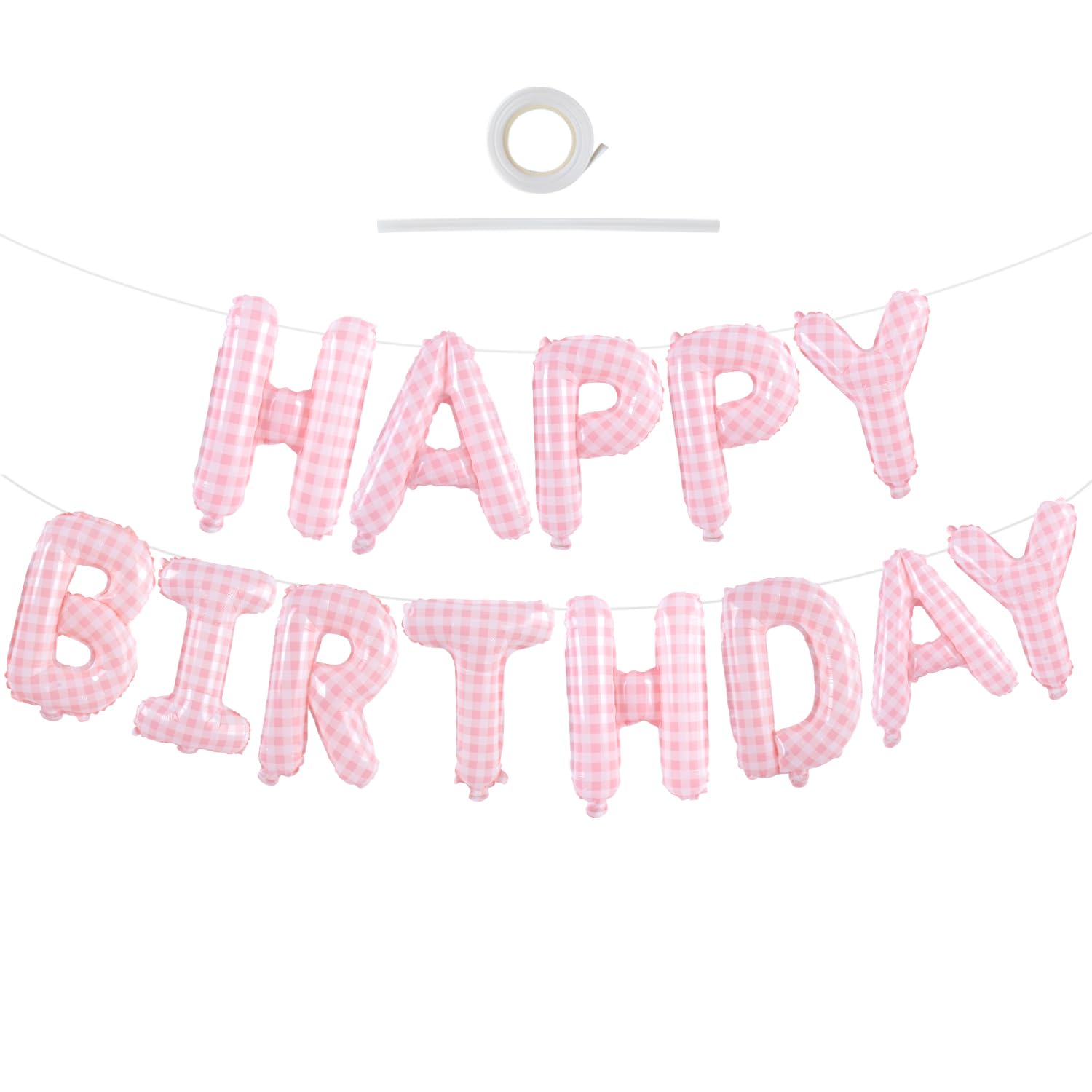 TONIFUL 16 Inch Light Pink White Gingham Happy Birthday Foil Balloon — image 1