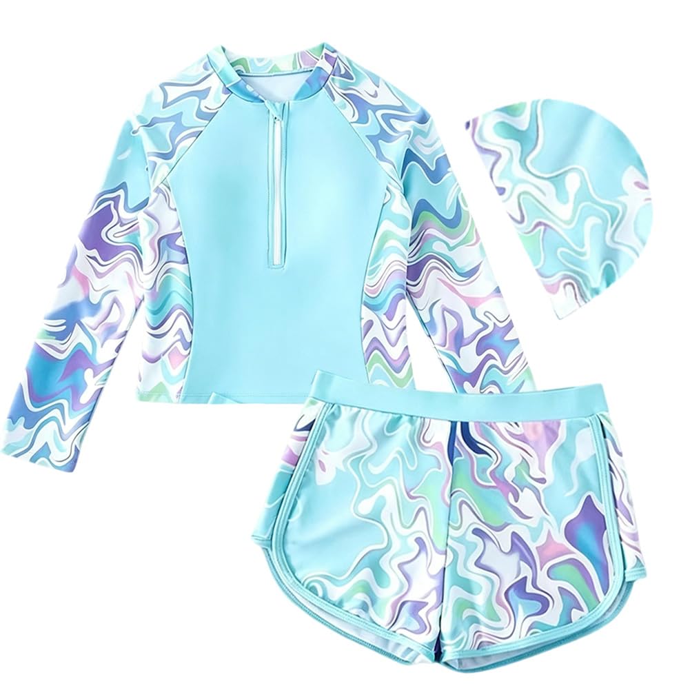 Conjunto de ropa de baño para niña, con protección UV, manga larga con acolchado extraíble, estampado floral de 1/2 cremallera, camiseta de natación y bañador para adolescentes, camiseta UV