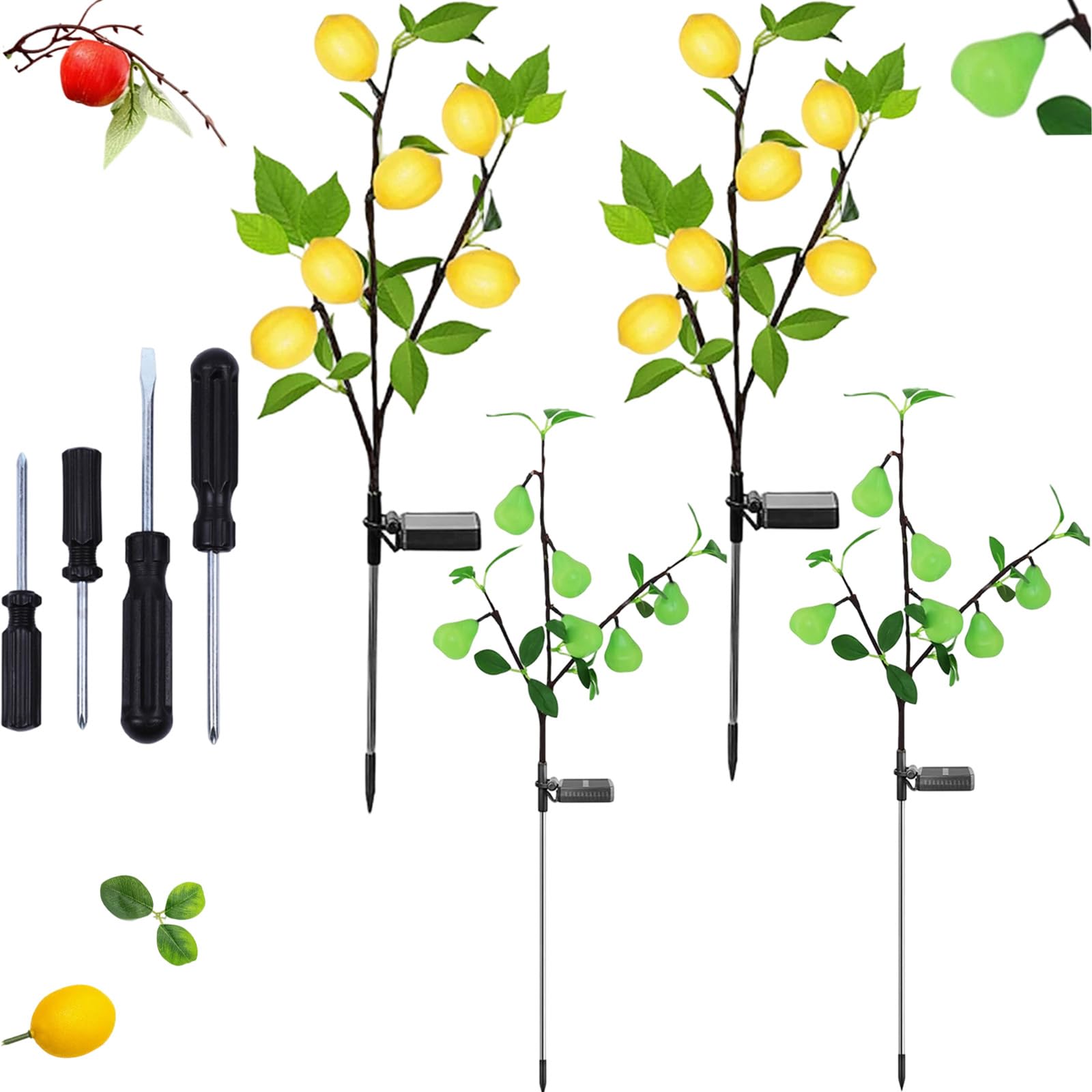 2026 Solar Garden Lights Waterproof Solar Flower Tree Light with Realistic Lemon, Outdoor Landscape Stake Lamp, Lemon Tree Garden Ground Lights for Yard Garden Lawn Pathway Decoration Lighting (4PC-A)