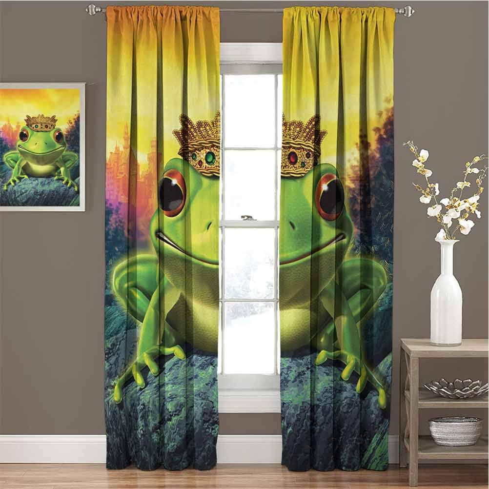 Animal Premium Blackout Curtains Frog Prince with Golden Yellow Crown on Rocks Fairytale Soul Mates Illustration Kindergarten Noise Reduction curtainsW63 x L72 Inch Green Yellow