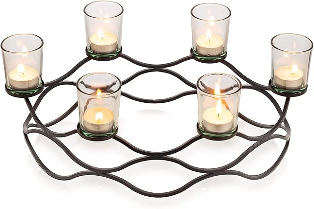 Sziqiqi Black Tealight Holder for Table Centrepiece - Oval Metal Votive Candle Holders with 6 Glass Cups, Geometric Tea light Candle Holder Candelabras for Deck Patio Coffee Pub Bar Christmas Advent