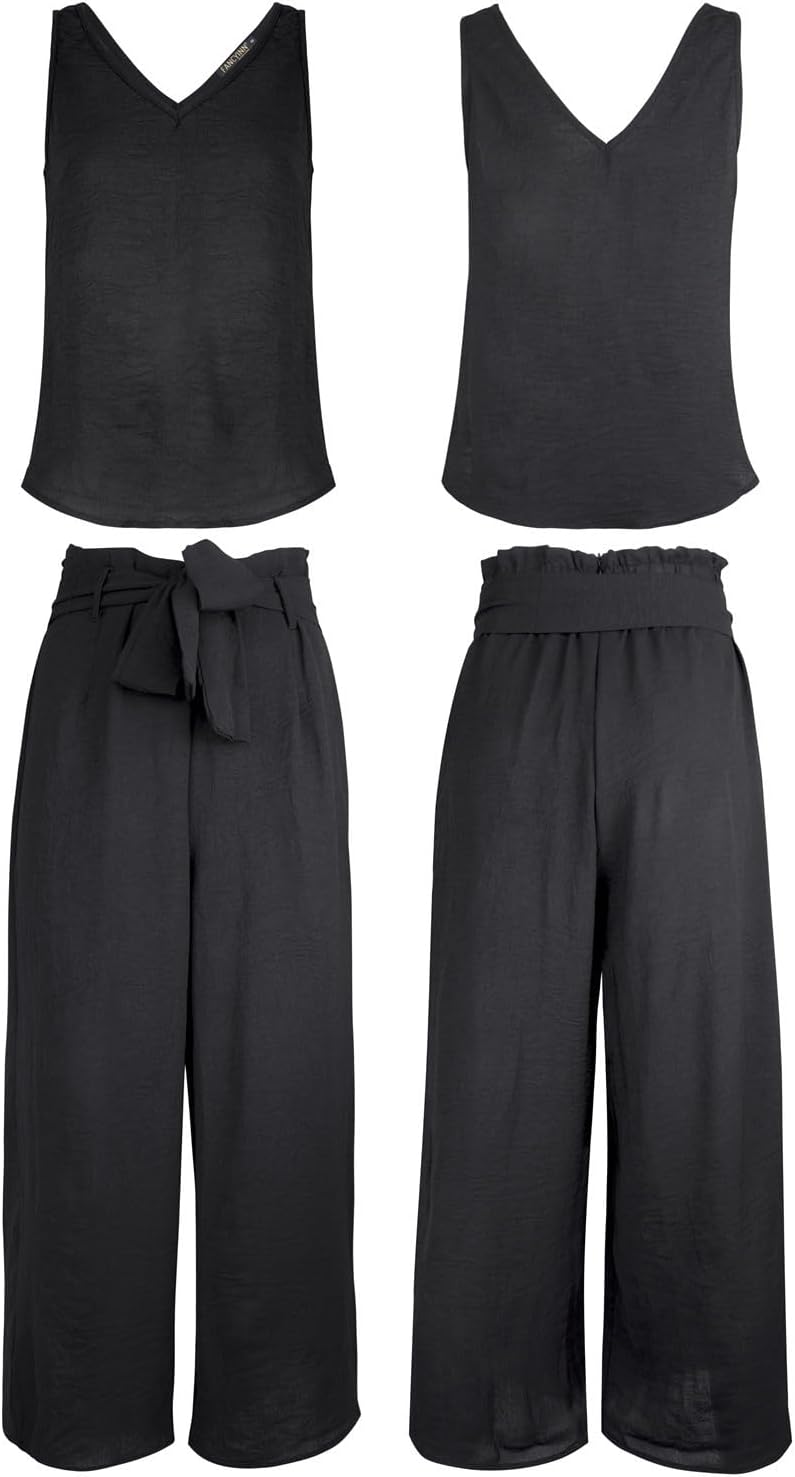 FANCYINN Womens 2 Piece Set V Neck Tank Wide Strap Tops High Waisted Cropped Paper Bag Pants with Belt - Image 5