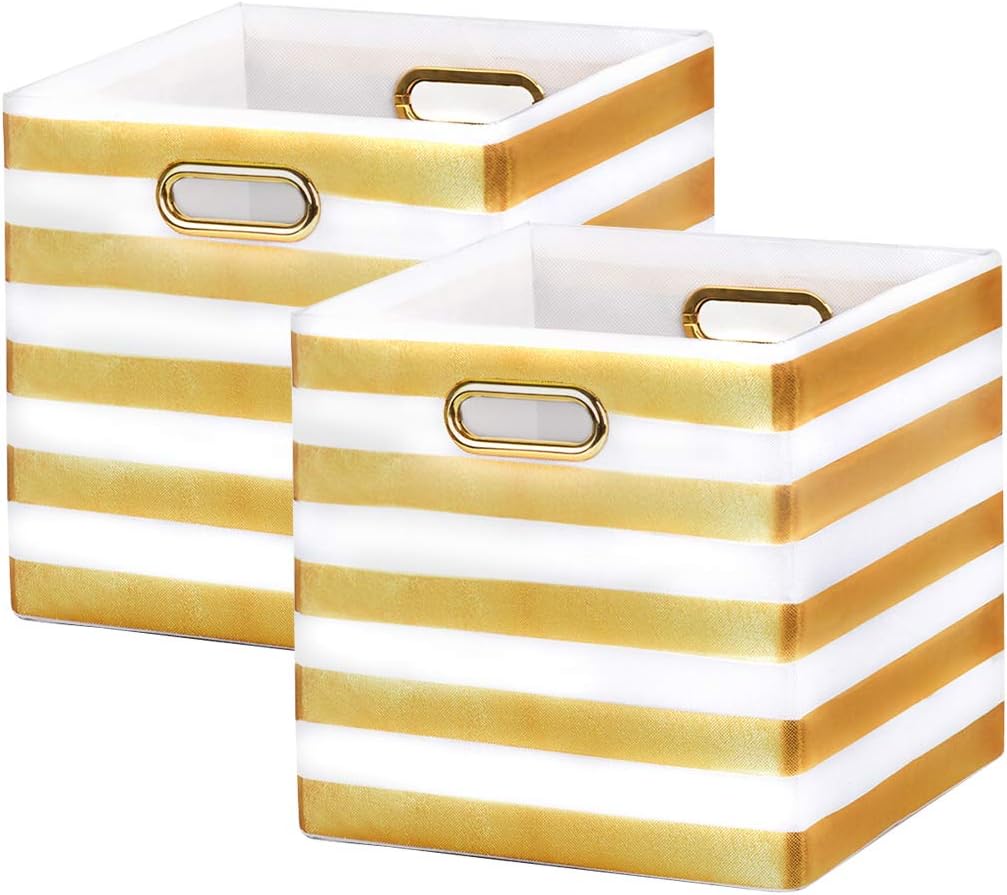BAIST Cube Storage Bins,Nice Foldable Square Gold Fabric Decorative Cubby Storage Cubes Bins Baskets for Nursery Bedroom First Day of School Shelf 2-Pack,White Strip