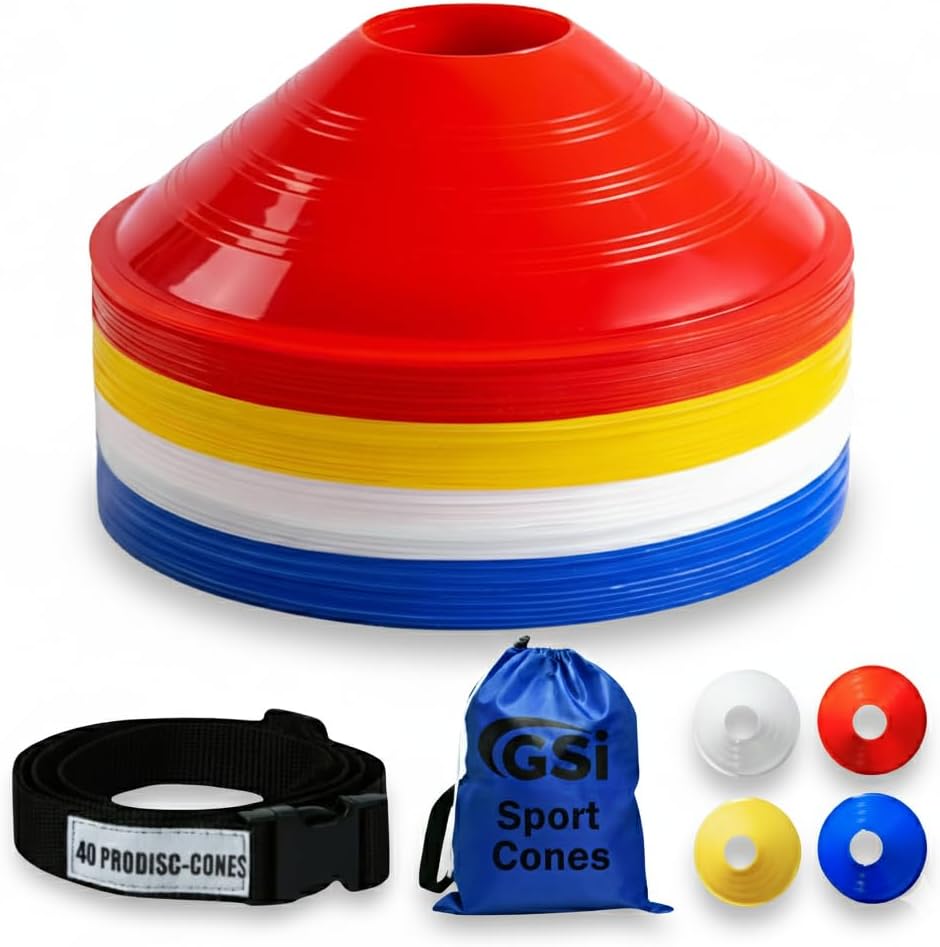 GSi Sports Training Cones for Agility Drills – Soccer & Basketball Multi-Sport Field Markers, Durable Flexible Cones in Multiple Shapes & Packs (20–80 Pack)