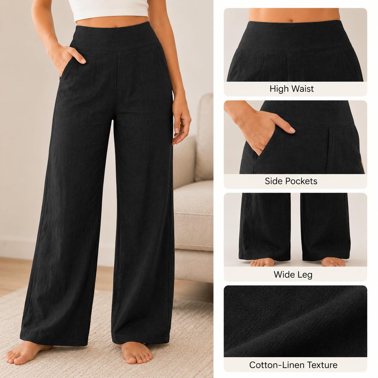 Pantalon Femme Gaze De Coton Fluide Pantalons Ete Lin Taille Haute Décontracté Chic Et Elegant Pantalons Léger Respirant Confortable Baggy Jogging Ample Casual Sport Pants Vacances Quotidien