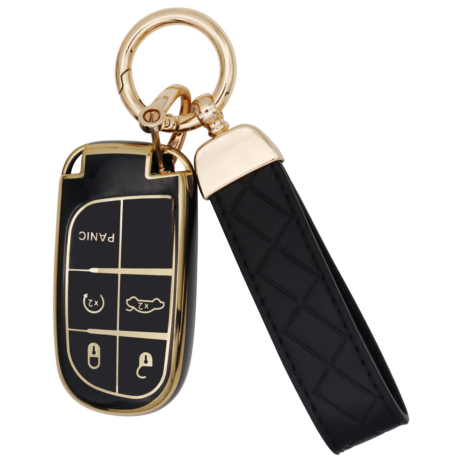 SUNCARACCL for Jeep Key Fob Cover with Leather Keychain, Soft TPU Full Cover Protection Key Case for Grand Cherokee Renegade Dodge Durango Challenger Journey Smart Key