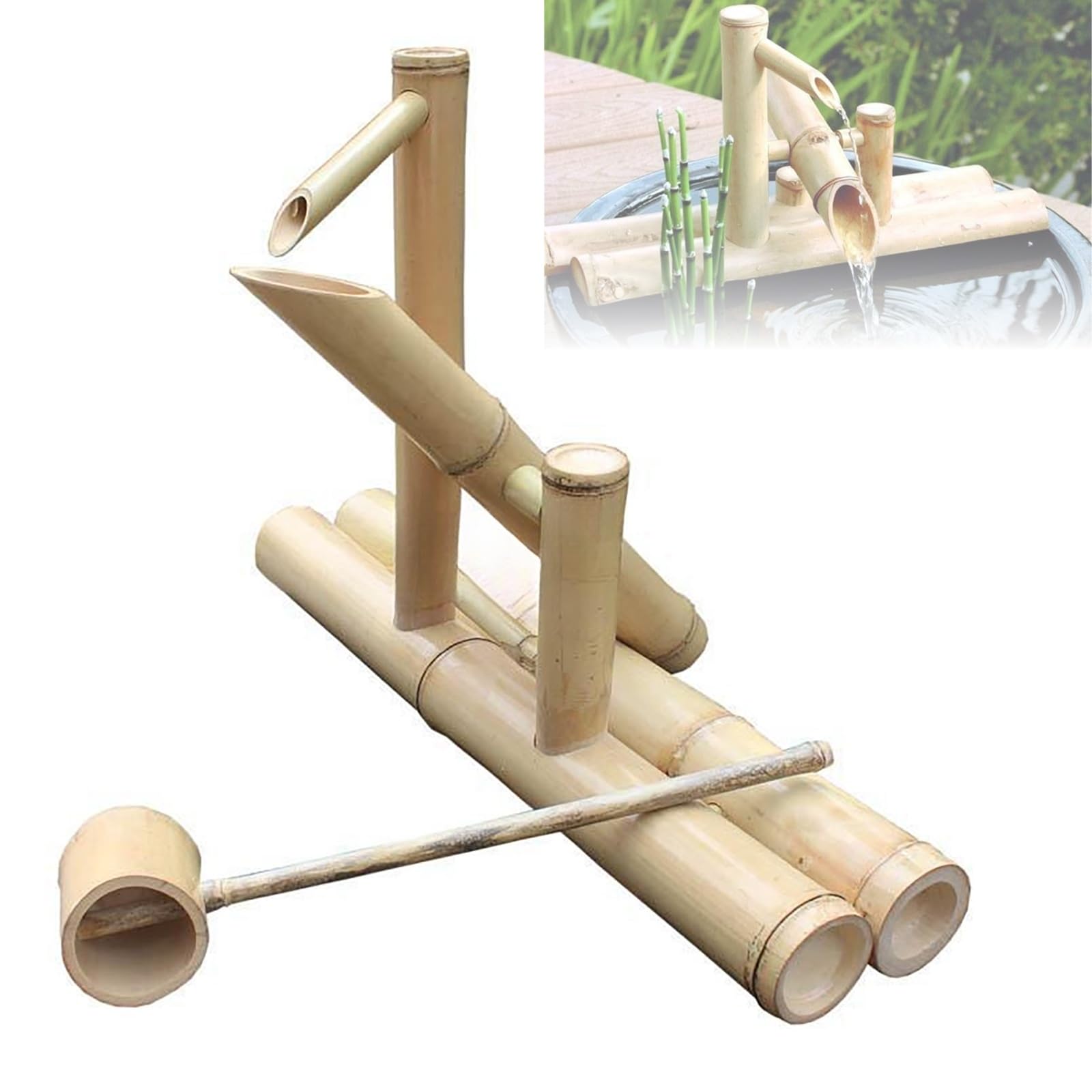Fontaine en bambou avec pompe pour animer un bassin de jardin statique