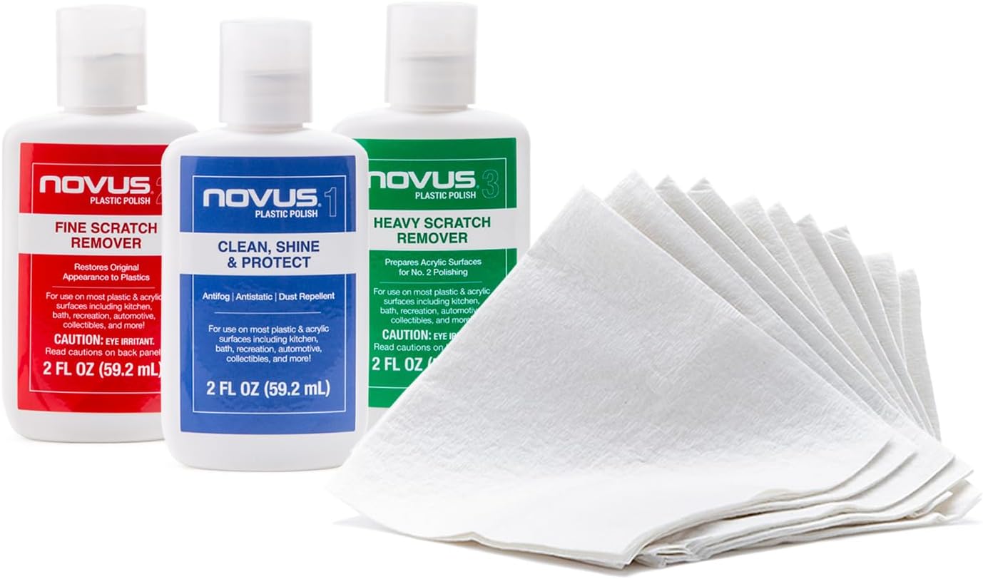 Bundle with 10 Count Polish Mates Pack | Novus Plastic Polish & Cleaning Set | Plastic Clean & Shine #1, Fine Scratch Remover #2, Heavy Scratch Remover #3 | 2 Ounce Bottles
