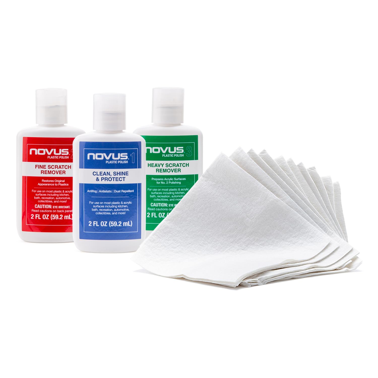 Bundle with 10ct Polish Mates Pack | Novus Plastic Polish & Cleaning Set | Plastic Clean & Shine #1, Fine Scratch Remover #2, Heavy Scratch Remover #3 | 2 Ounce Bottles