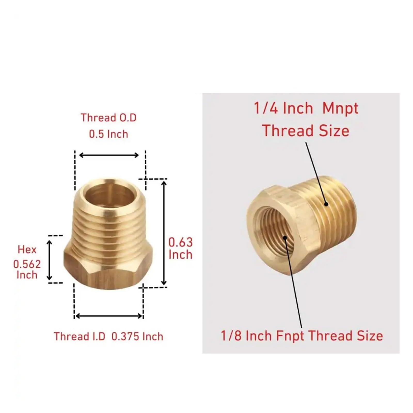 Accesorios reductores de Casquillo Hexagonal de latón for tubería, 1/4" Macho x 1/8" Hembra NPT(Pack of 50)