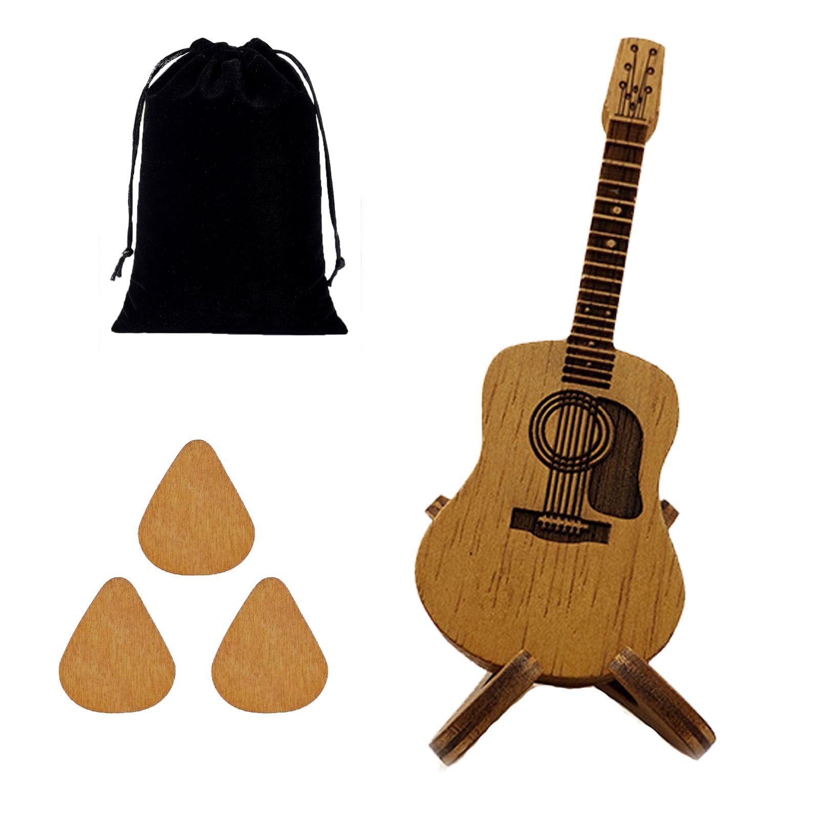 SKJAXF Guitar Pick Holder - Wooden Plectrum Case With 3 Picks and Black Drawstring Gift Bag for Electric Bass Ukulele Players (Burlywood)