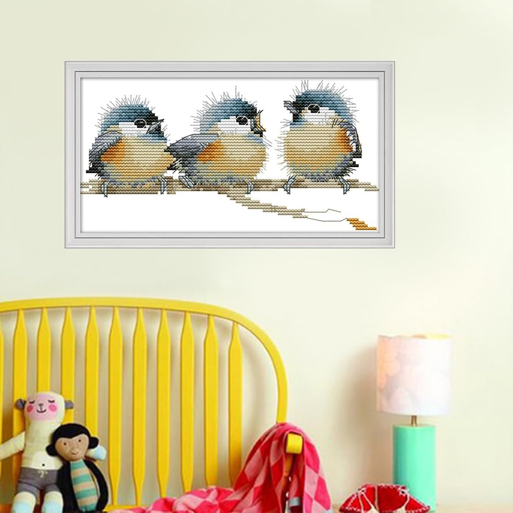 Setoda 16CT High Definition Printed Embroidery Fabric Patterns Starter Kits for Girl DIY Stamped Cross Stitch Pattern-Three Birds 16CT 8.7×4.7 (inch)