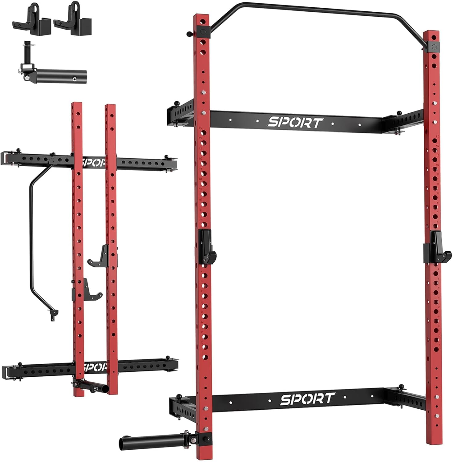 Garvee Folding Squat Rack for Home Gym, 2.36 in x 2.36 in Wall Mounted Foldable Squat Rack with Pull Up Bar, J Hooks and Landmine Attachments, 1000 LBS Capacity Space Saving Weight Power Cage