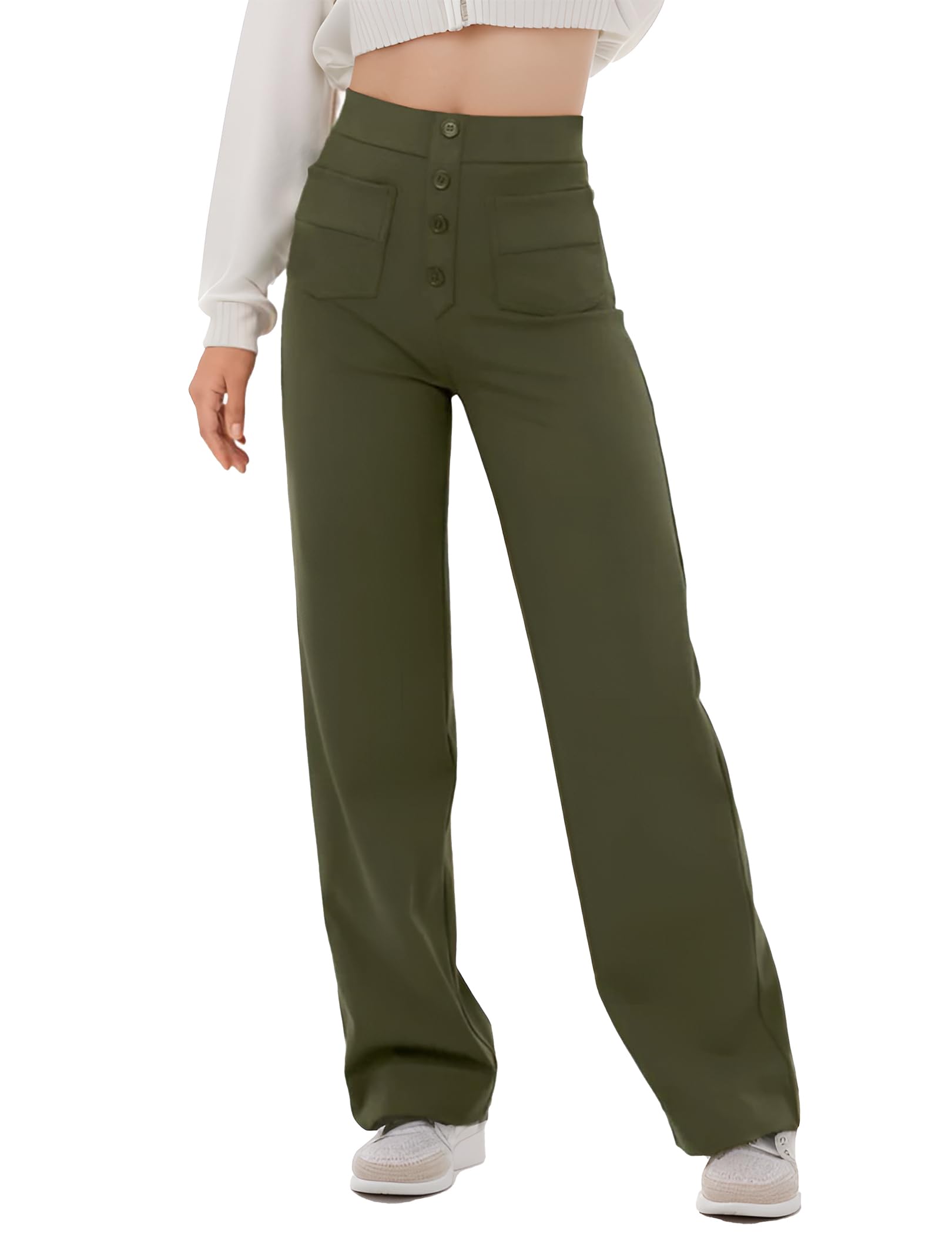 Womens High Waisted Straight Leg Pants Stretchy Business Casual Pants Button Down Work Trousers with Pockets Olive Green