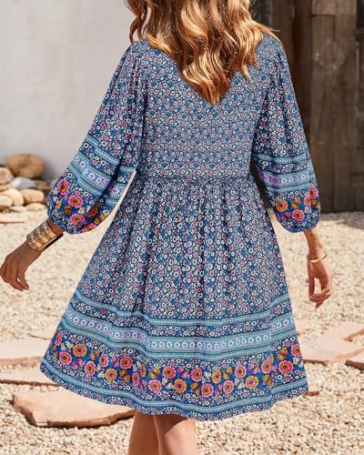 Image of BTFBM Women Casual Spring Summer Dresses V Neck 3 /4 Long Sleeve Ruffle Floral Flowy Boho Babydoll Mini Short Beach Dress