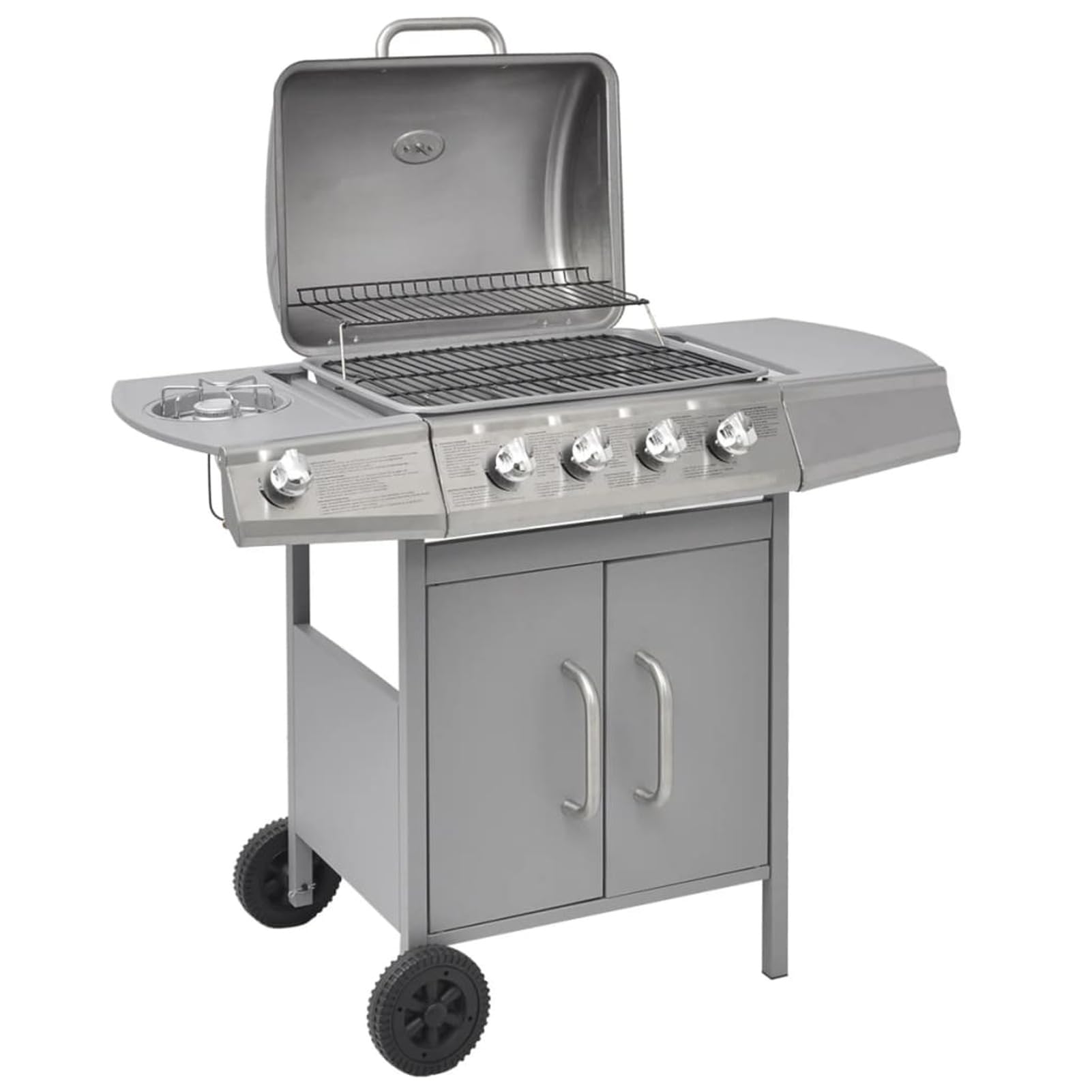 IKAYAA Barbecue e Griglia a Gas 4+1Barbecue a Gas con 4 Fuochi Multifunzione Completo di Bruciatore Laterale Coperchio, Termometro, Griglia in Ghisa, Ruote E Struttura-Argento-Tipo 1