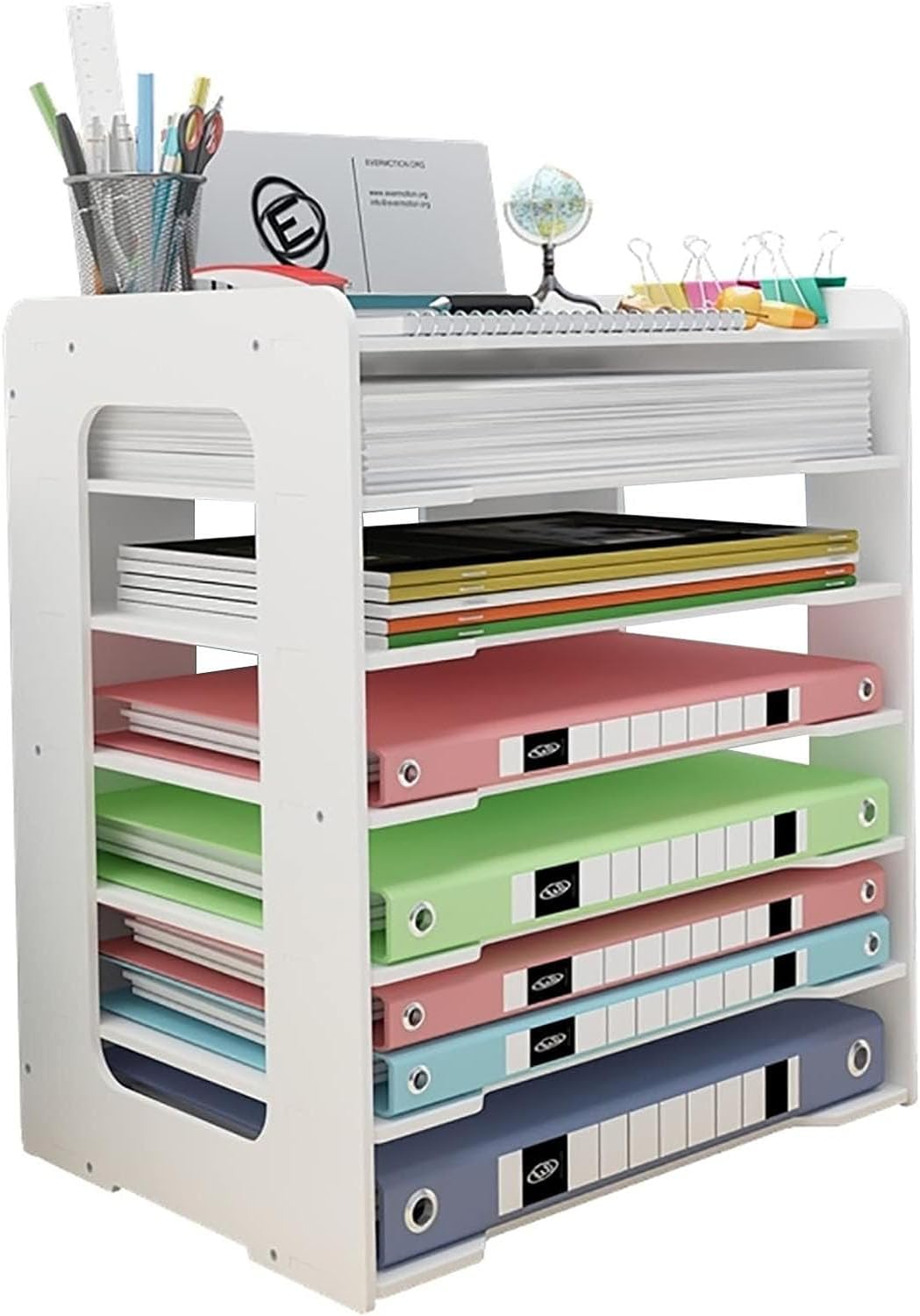 MUMOO BEAR File Organizer for Desk Letter Mail Tray Document Storage Rack File Sorter Organizer A4 Paper Storage Holder Desktop Organizer for Home Office School (White, 7 Layer)