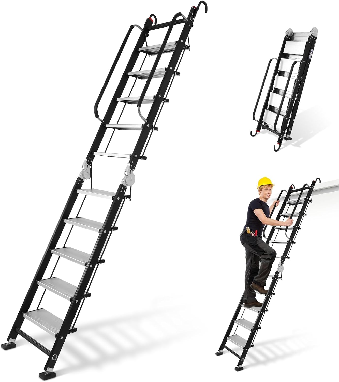 Generic 10 Step Attic Ladder Foldable Aluminum Alloy Loft Stairs Ladder with Handrails Hooks 9.5ft Heavy Duty Bunk Bed Ladders for Dorms Camper Library RV Deck 330LBS Capacity