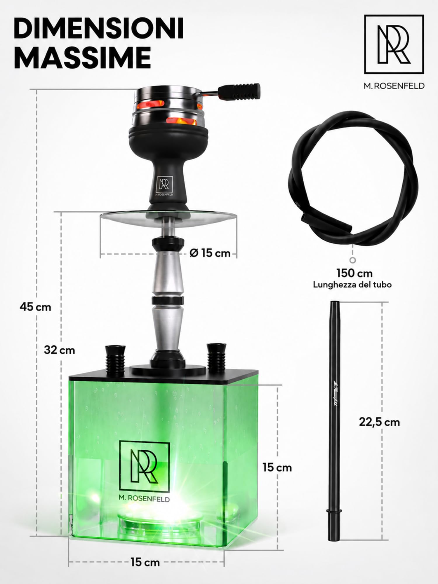 M. ROSENFELD Narghilè Completo Professionale 2 Tubi con LED - Shisha Portatile Premium Set HMD + Borsa Viaggio - Hookah Alluminio con Accessori