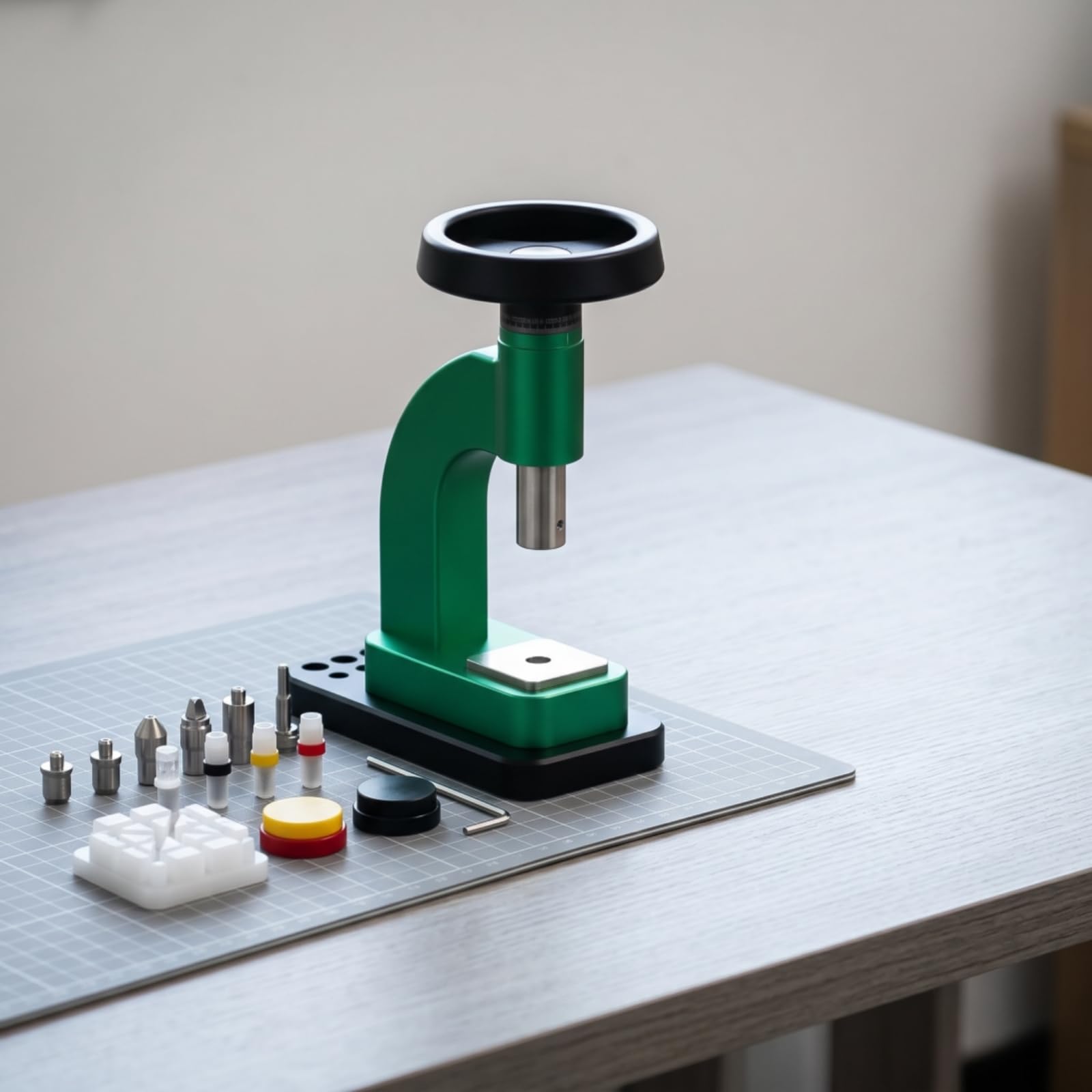 Pressa Riparazione Orologi Pressa Cassa Pressa Vetro Attrezzo Orologiaio Strumento Metallico con Base Stabile E Teste Intercambiabili Adatta per Banco Lavoro Casa Laboratorio, Verde