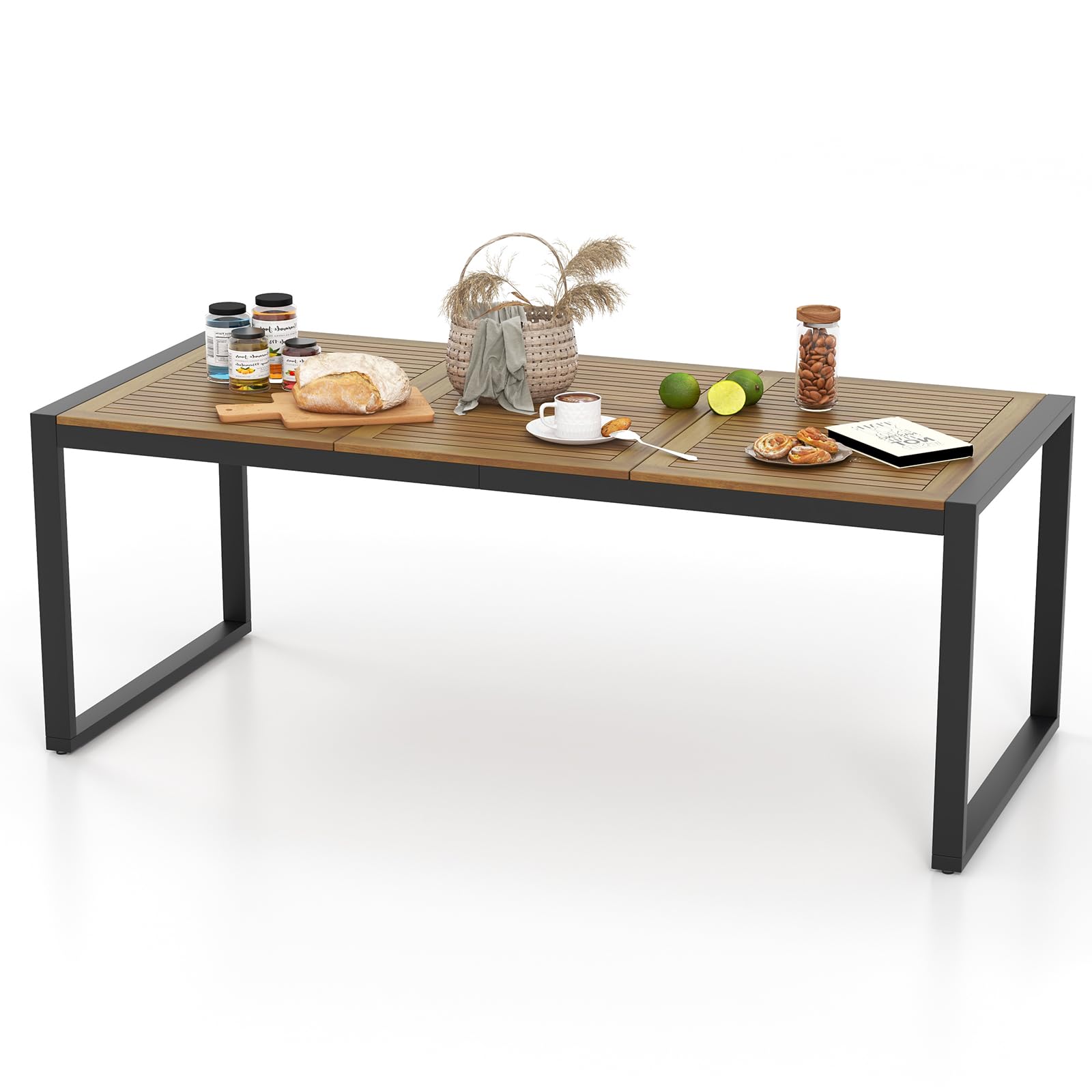 KOMFOTTEU Tavolo da Giardino con Foro per Ombrellone | Tavolo da Pranzo a 8 Posti in Legno di Acacia e Metallo, Tavolo Rettangolare, Piedini Regolabili, per Esterno, 200x90x75 cm