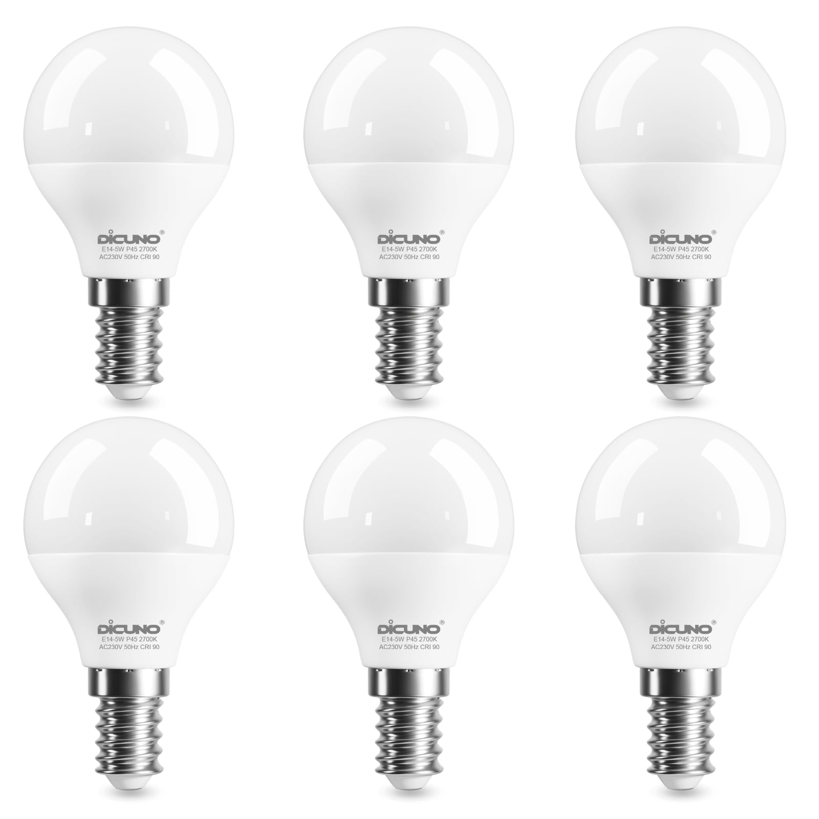 DiCUNO Lampadina LED E14 P45, 5W Equiv. 50W, 550lm, 2700K, 6 Pezzi | Bianco caldo, CRI 90, Lampadine Sfera G45, Fascio 220°, Non dimmerabile, Attacco E14 Piccola per lampade da tavolo
