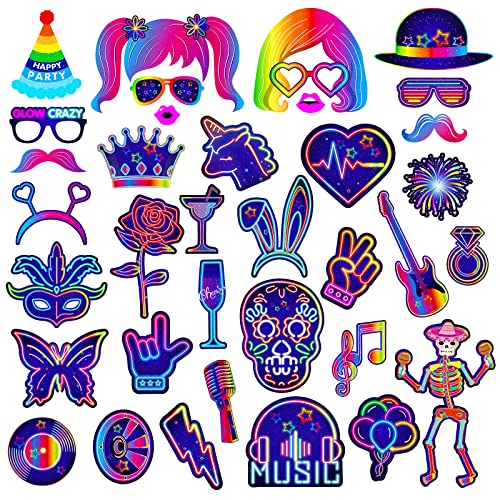 Fanost 36 Pieces Neon Party Photo Booth Props, Neon Glow Photo Booth Props,Glow Party Photo Props, Neon Sign Photo Booth Props, Black Light Party Decorations Props, Bar Fluorescent Props #TOP1