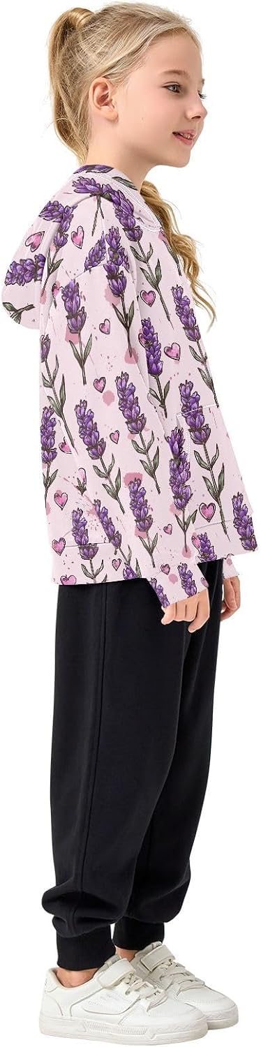 ALAZA Lavender Flower Floral Heart Hoodies Sweatshirt for Boys Girls Kids Hooded Pullover Top