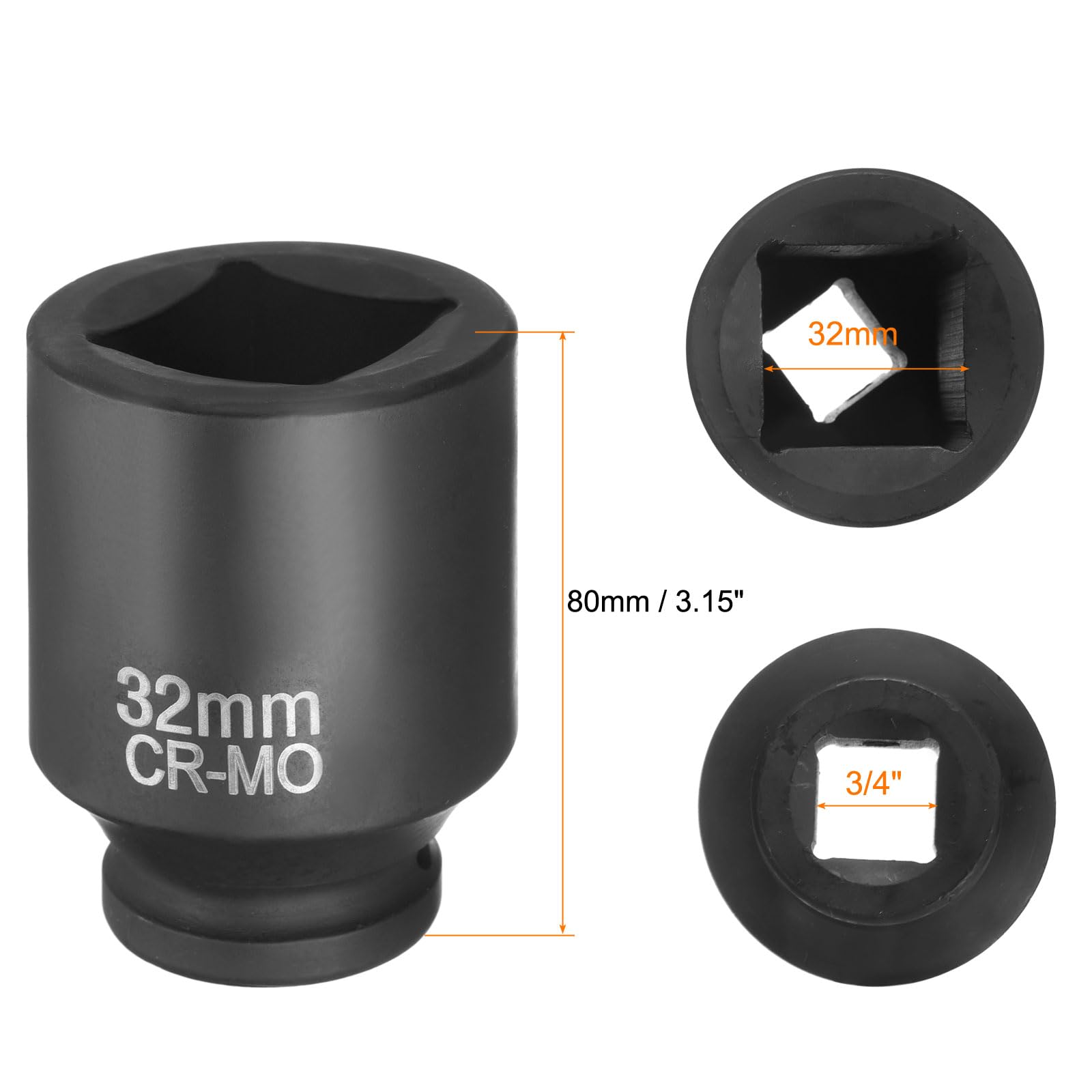 sourcing map Lot de 2 douilles carrées à 4 points 3/4" 32 mm - Douille à choc carrée CR-MO noircissement standard manchon de roue pneumatique outil pour réparation automobile, entretien mécanique et