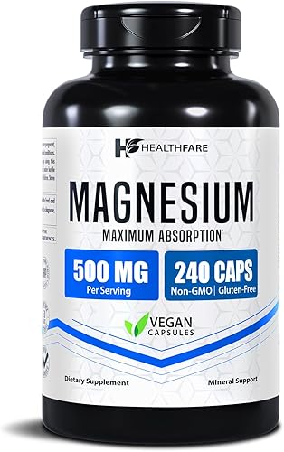 HealthFare Óxido de magnesio de 500 mg  240 cápsulas veganas  Suplemento mineral esencial extra fuerte  Fórmula de alta absorción  Sin OMG, sin