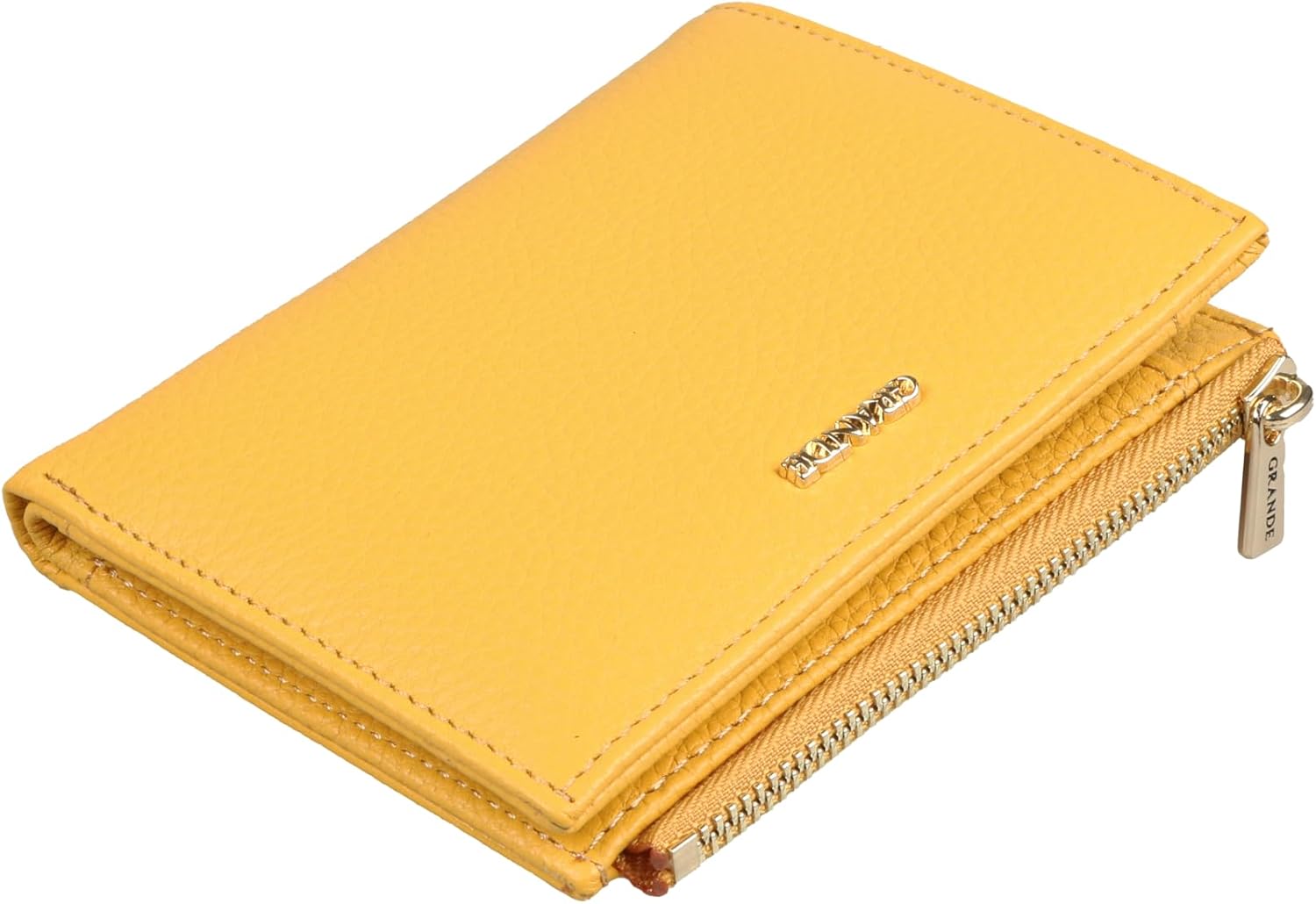 grande 2805 Genuine Leather Small Bifold Wallet For Women Minimalist Wallet Ladies Zippered Mini Purse Small Card Holder (Yellow)
