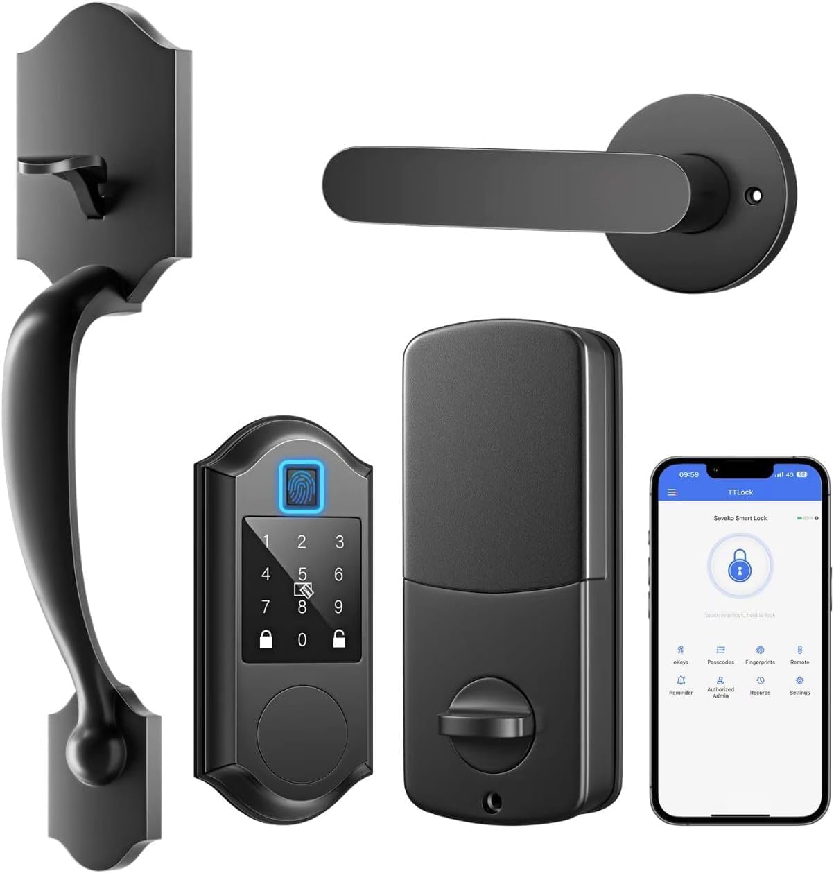 Smart Front Door Lock with Fingerprints, 2 Keys  4 Cards, Front Door Lock Set Keyless Entry, Smart Locks for Front Door, Keypad Deadbolt with Handle, APP Control, Auto Lock, Matte Black