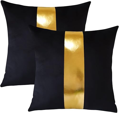 Miniatura 5 de Artscope Juego de 2 fundas de almohada de terciopelo negro con costuras de cuero dorado, fundas de almohada cuadradas modernas y minimalistas para