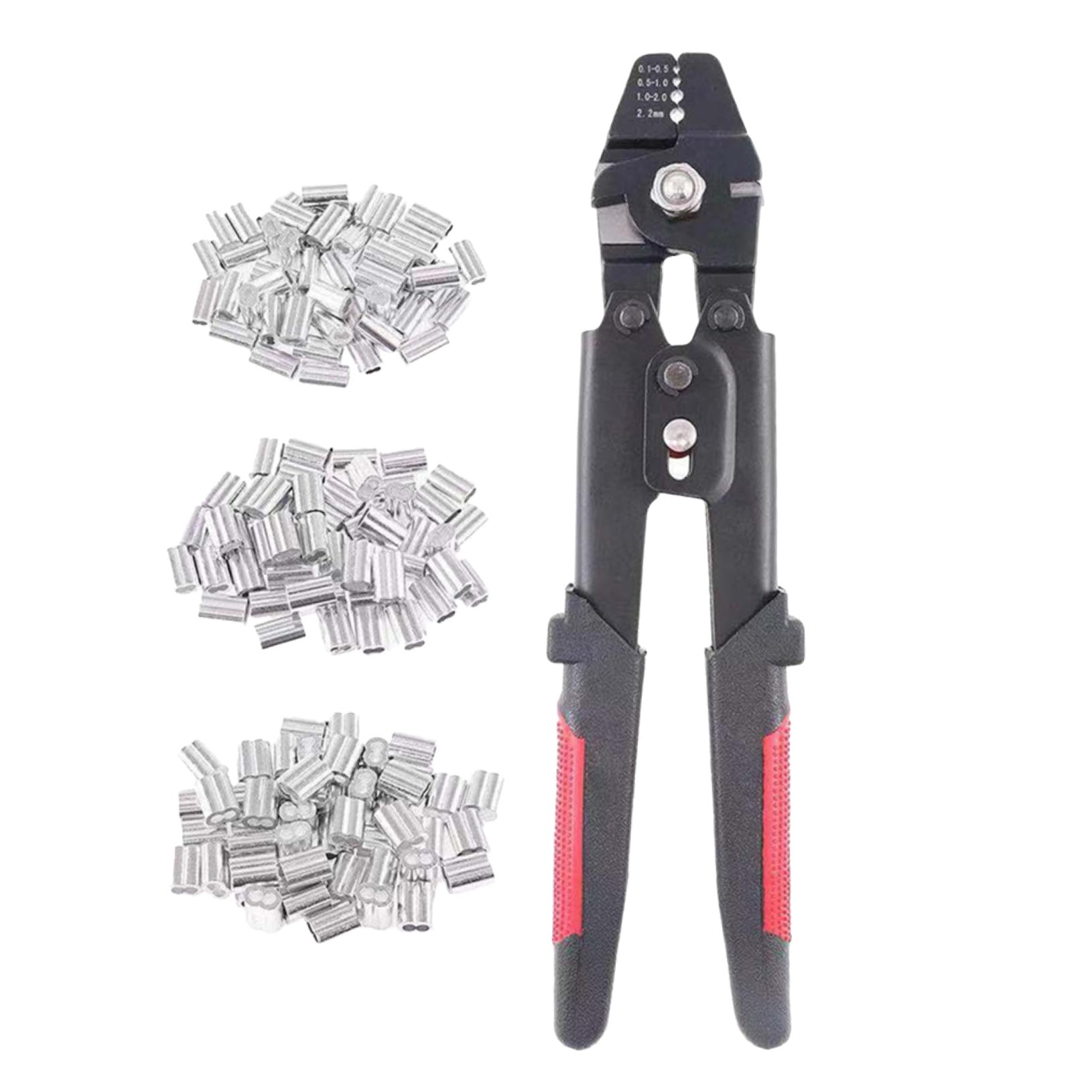 Pinza Crimpatrice per Cavi con Tubo in Alluminio e 180 Manicotti, Strumento per Crimpare Funi Metalliche e Corde, con Impugnatura Antiscivolo e Blocco di Sicurezza,