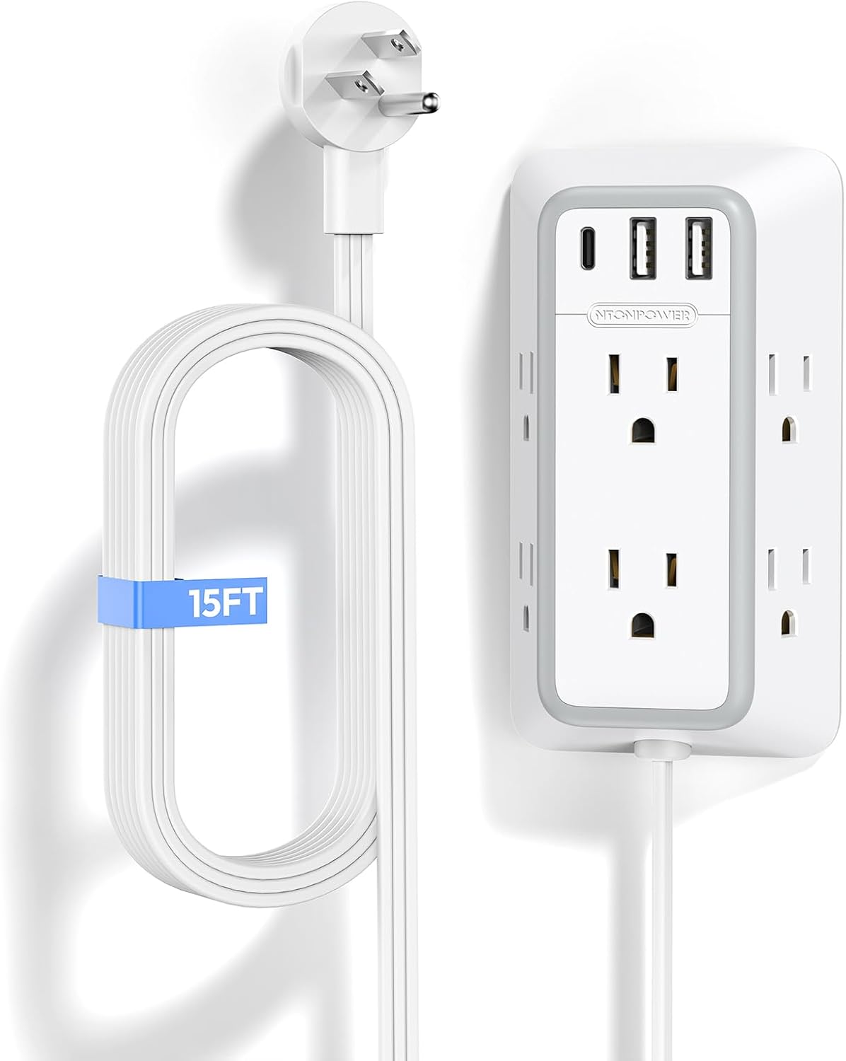 NTONPOWER Power Strip with Flat Plug 15 ft Cord, Extension Cord, Wall Mount Power Strip with USB, Long Extension Cord with USB C for Home Office Accessories, White