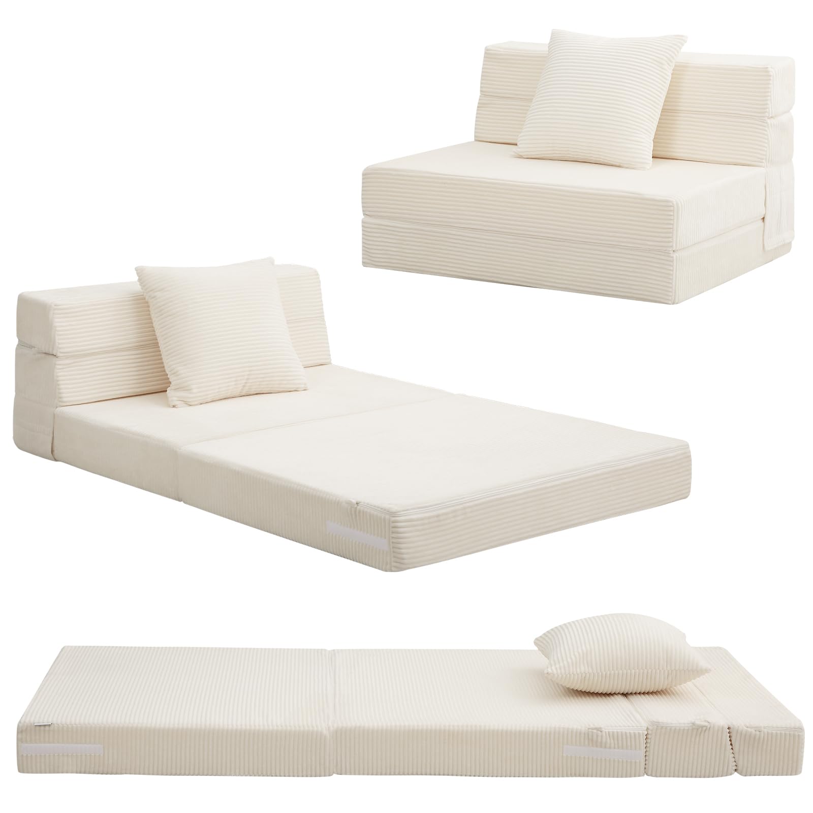 MeMoreCool Folding Mattress Single 190x90cm, High Density Foam Fold Out Sofa Chair Z Bed, Foldable Futon Mattress, Floor Lounger Guest Couch Bed for Sleeping, Travel, 13cm Thick, Beige
