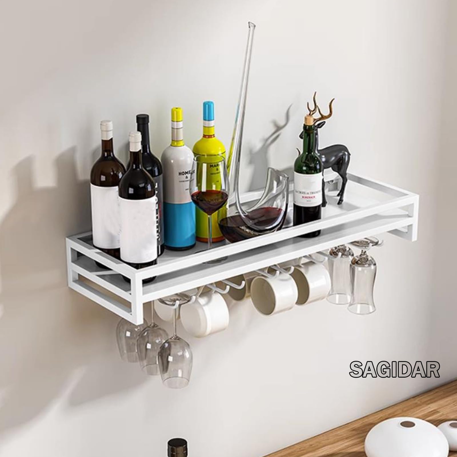 SAGIDAR Support en Fer pour Verre Vin, Porte Verres Suspendu 60/80/100cm, Casiers À Vin Muraux Flottants, Noir/Blanc/Or, Fixation par Vis, Capacité De Charge Élevée, pour Café Bar Restaurant